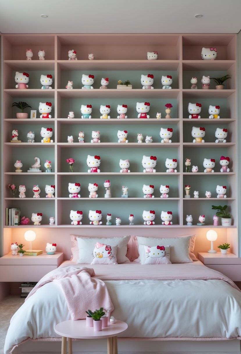 A bedroom with shelves displaying multiple Hello Kitty figurines and decorative items, with a bed and cozy decor in the background.