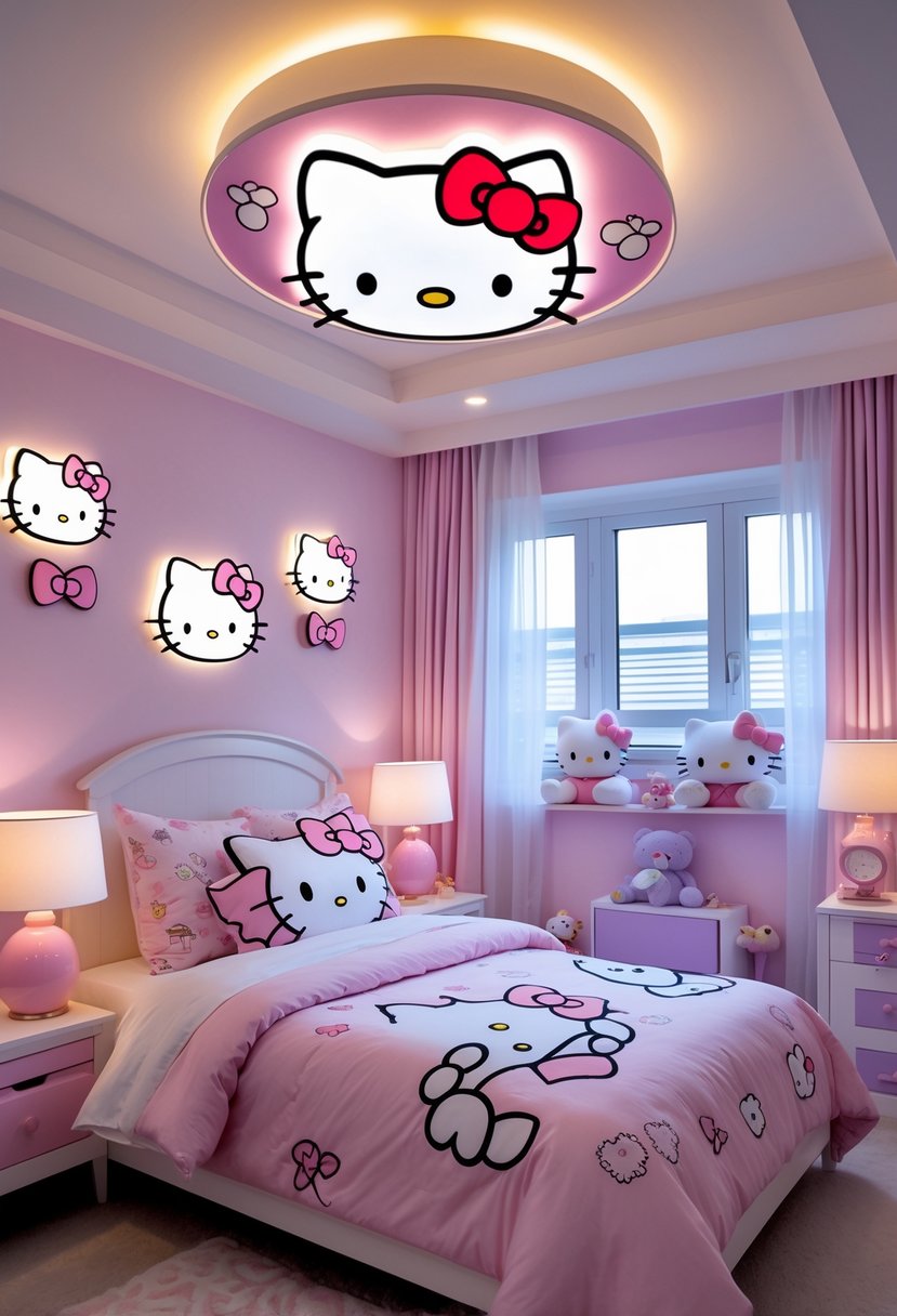 A child's bedroom with various light fixtures featuring Hello Kitty designs, including ceiling lights and lamps, surrounded by Hello Kitty-themed decor.