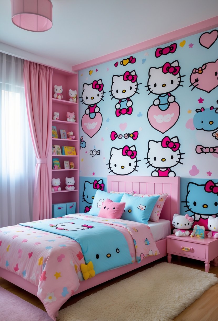 A children's bedroom with a large Hello Kitty wallpaper feature wall, a bed with matching bedding, toys, and a cozy reading nook.