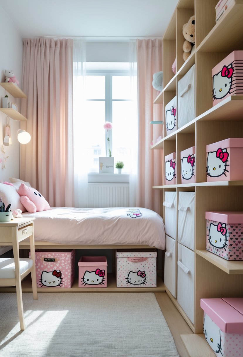 A bedroom with decorative storage boxes featuring Hello Kitty designs arranged on shelves and under the bed.