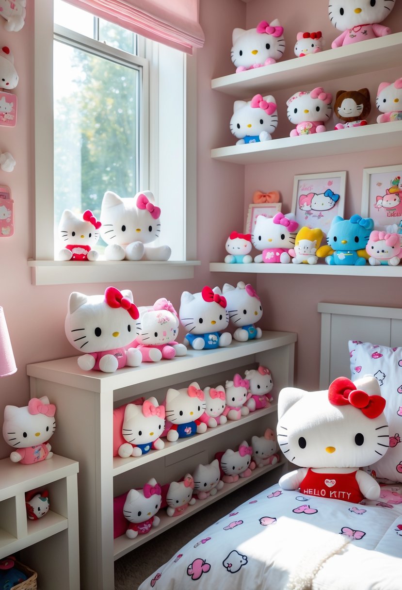 A bedroom corner with shelves displaying multiple Hello Kitty plush toys and themed bedding.