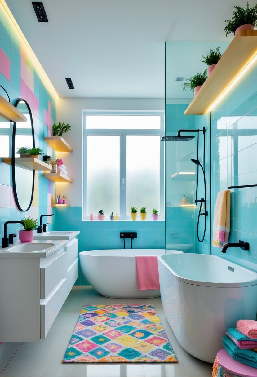 A modern teenage bathroom with double sinks, a freestanding bathtub, glass shower, colorful tiles, and decorative plants.