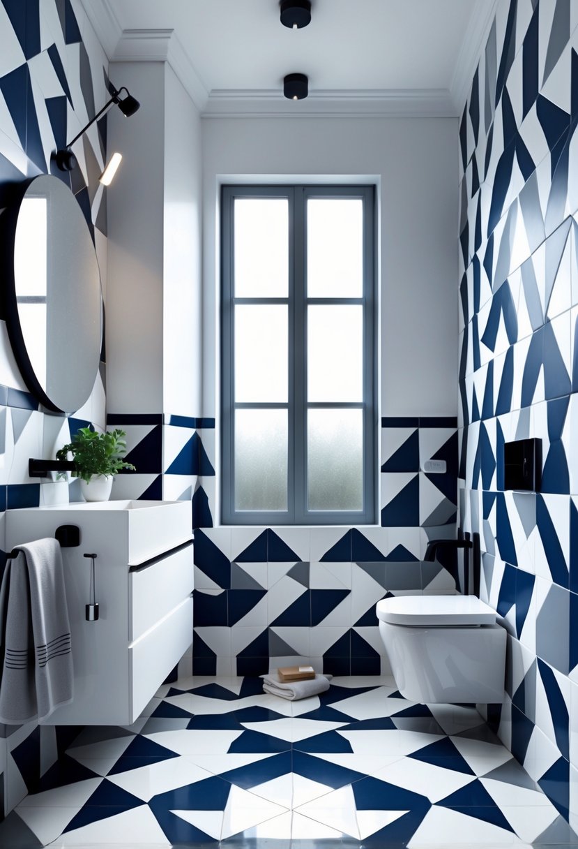 A modern bathroom with geometric tile patterns, a white vanity, a large mirror, and natural light coming through a window.