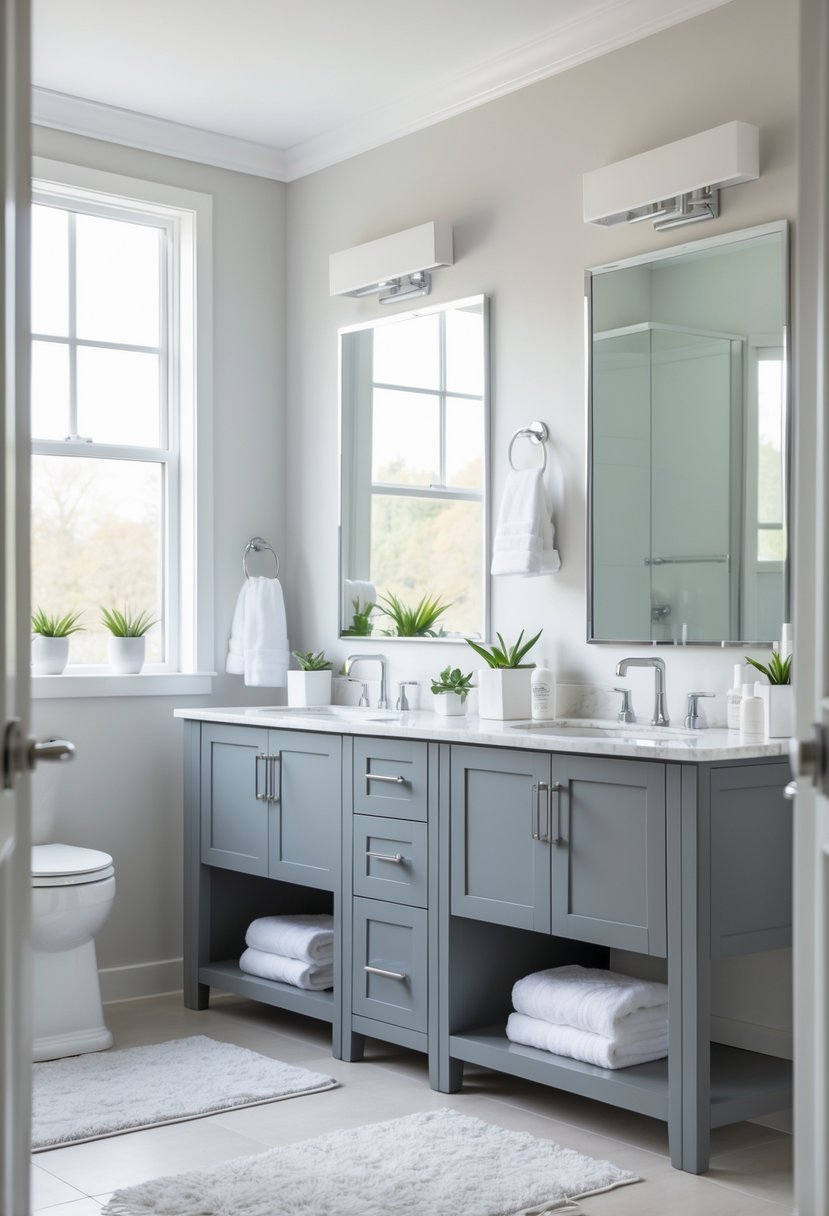 A bathroom with double sinks and gray painted vanities, bright natural light, and decorative plants.