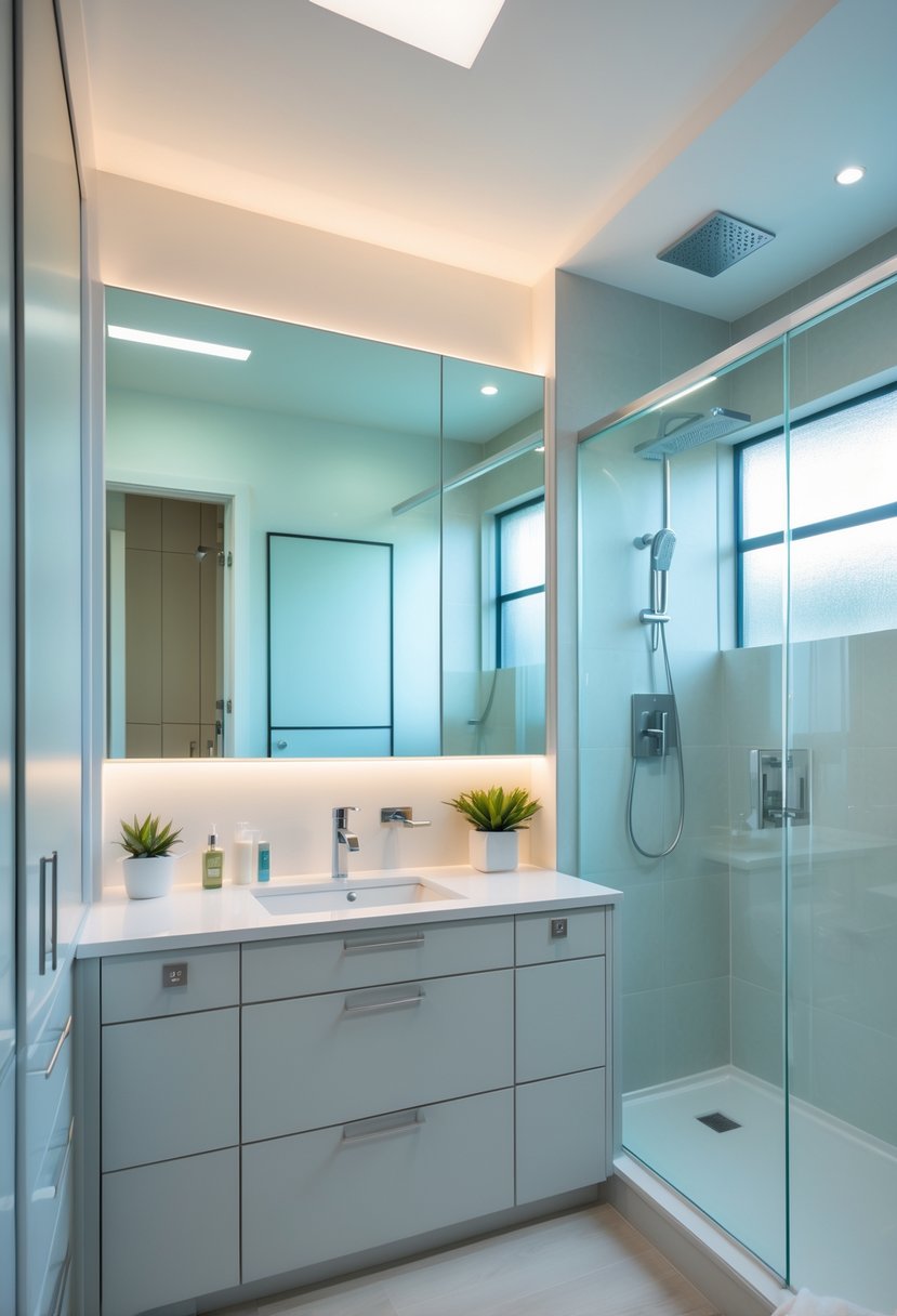 A modern teenage bathroom with sleek cabinetry and smart storage solutions, featuring a vanity with drawers, a large mirror, and a walk-in shower.