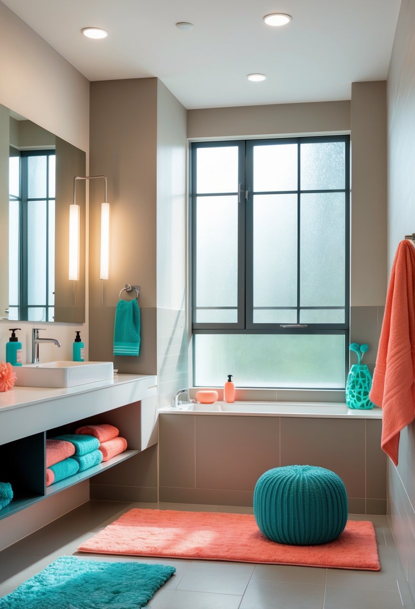 A modern teenage bathroom with neutral walls and bright teal and coral accents, featuring a vanity with a mirror and natural light coming through a window.