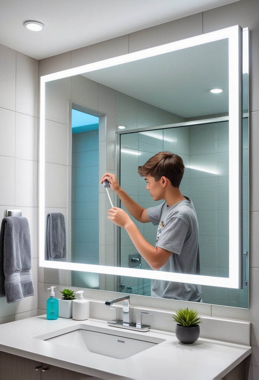 A teenage bathroom with a young person installing LED lights around a vanity mirror in a bright, clean space.