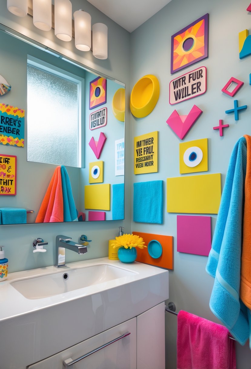 A bright teenage bathroom with colorful wall decals and a white sink under a large mirror.