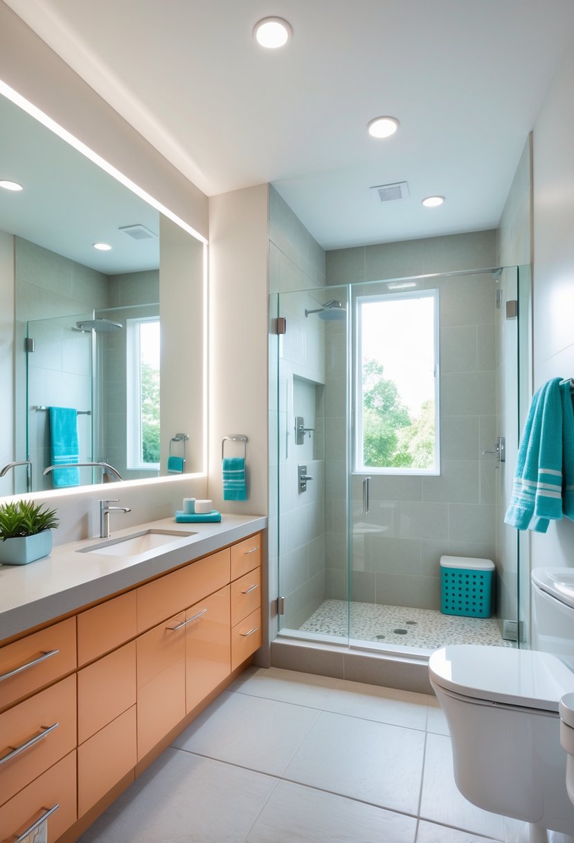 A modern teenage bathroom with a vanity, large mirror, walk-in shower, and durable, easy-to-clean surfaces.