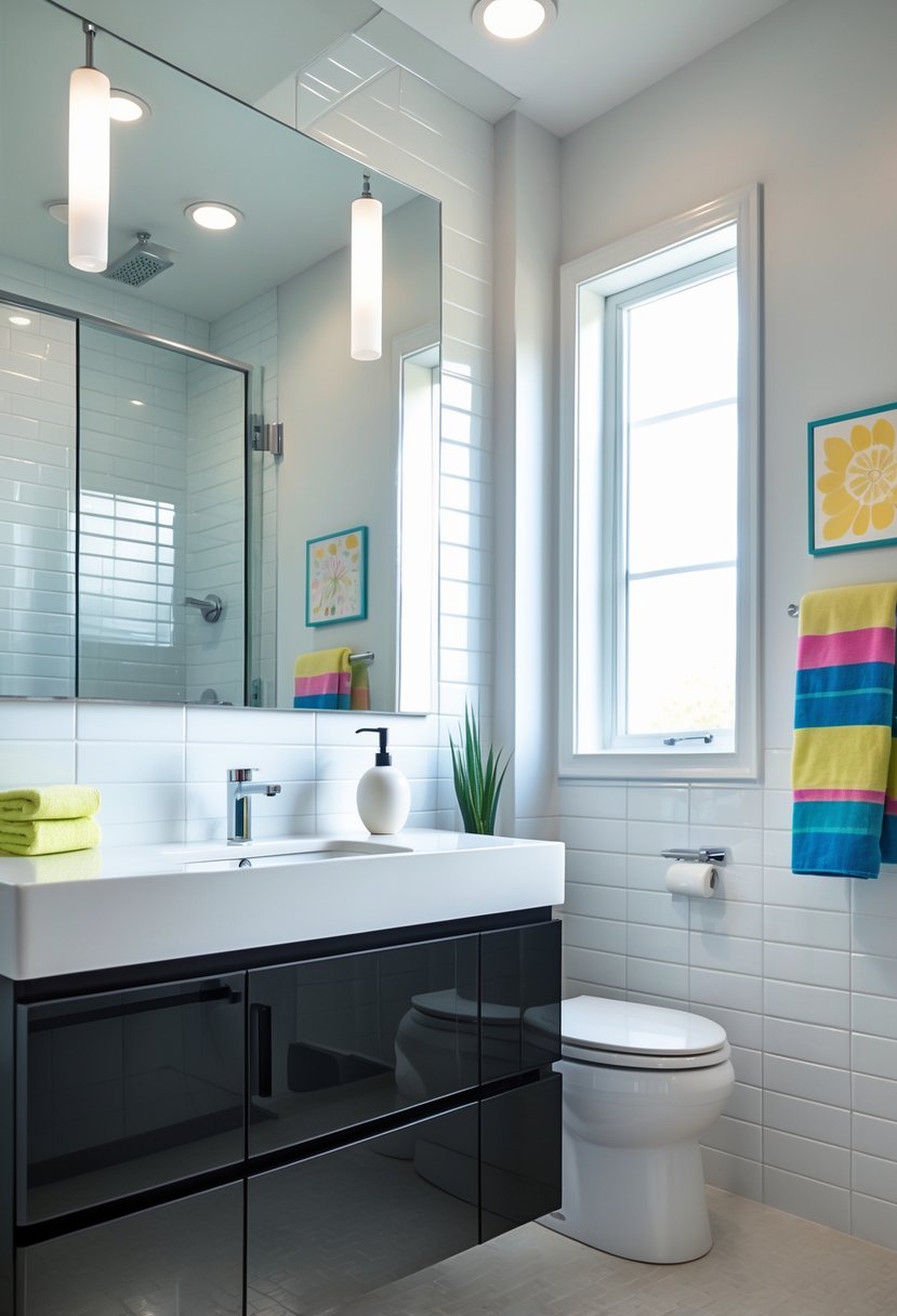 A modern teenage bathroom with a black vanity, white countertop, mirror, and a mix of shiny and matte surfaces.