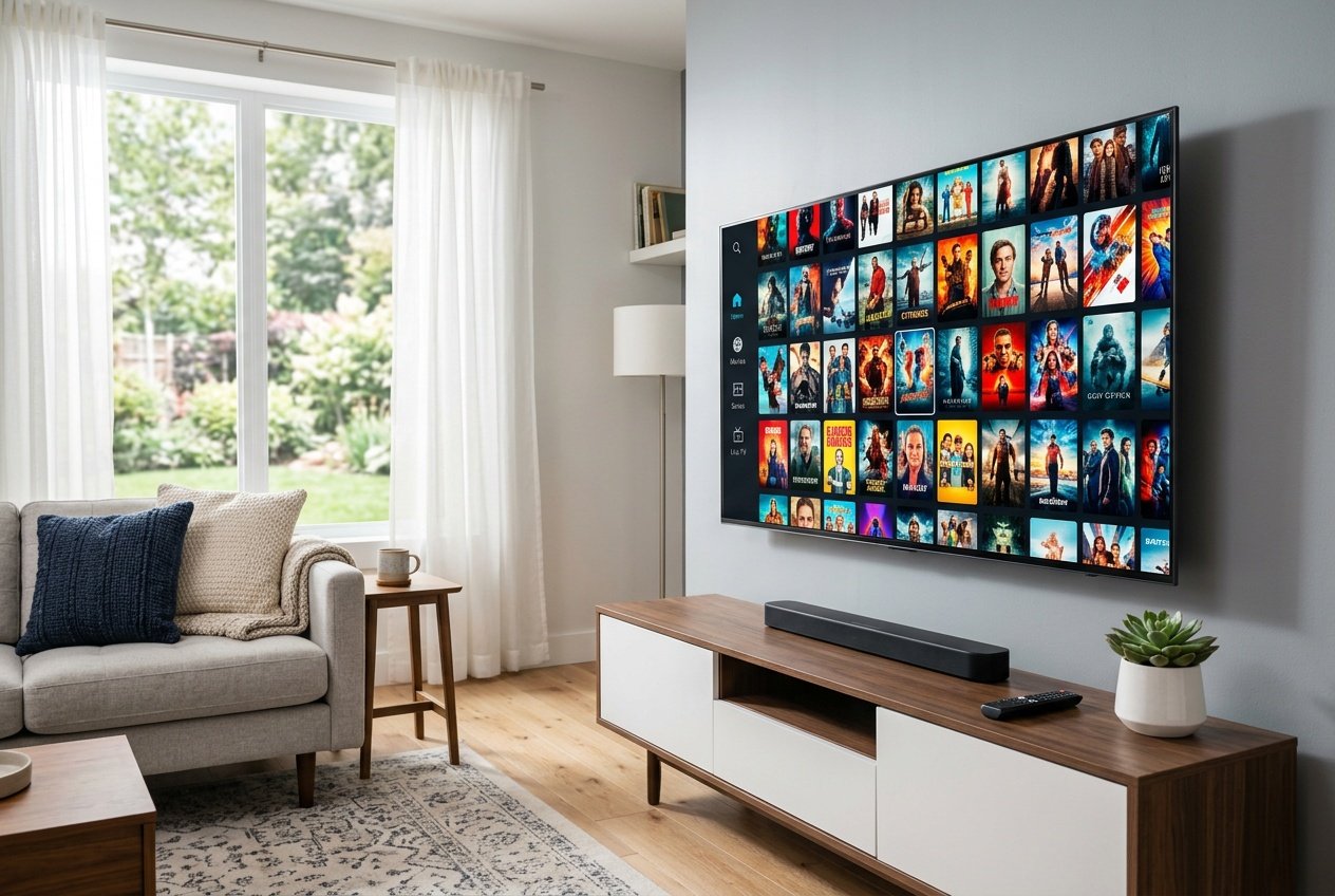 A modern living room with a large flat-screen TV showing colorful streaming service thumbnails and a media console below.