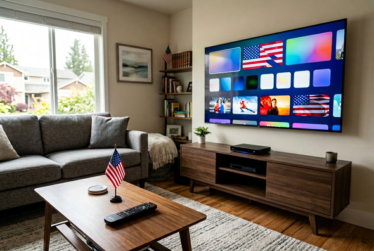 A modern living room with a flat-screen TV showing streaming app icons and US-themed content, a remote on a coffee table, and subtle American decor in the background.
