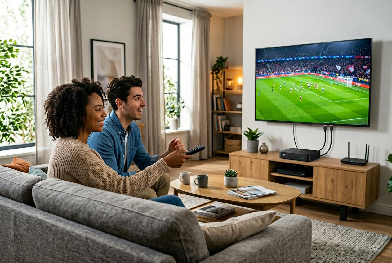 A living room with a large flat-screen TV showing vibrant streaming content, people watching comfortably on a sofa, and a media streaming device on a console.