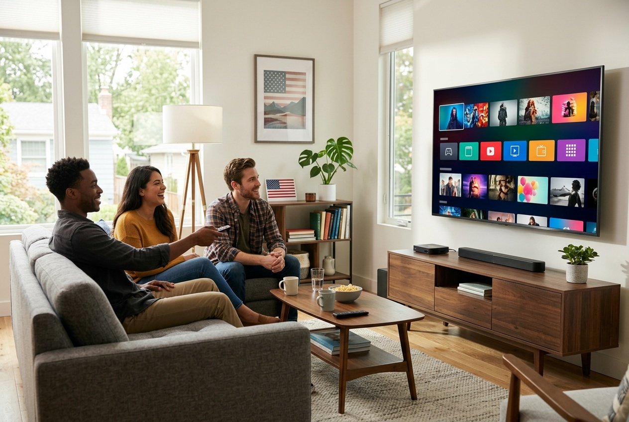 A living room with a large smart TV showing a streaming interface, two people sitting on a sofa watching TV, with modern decor and natural light.