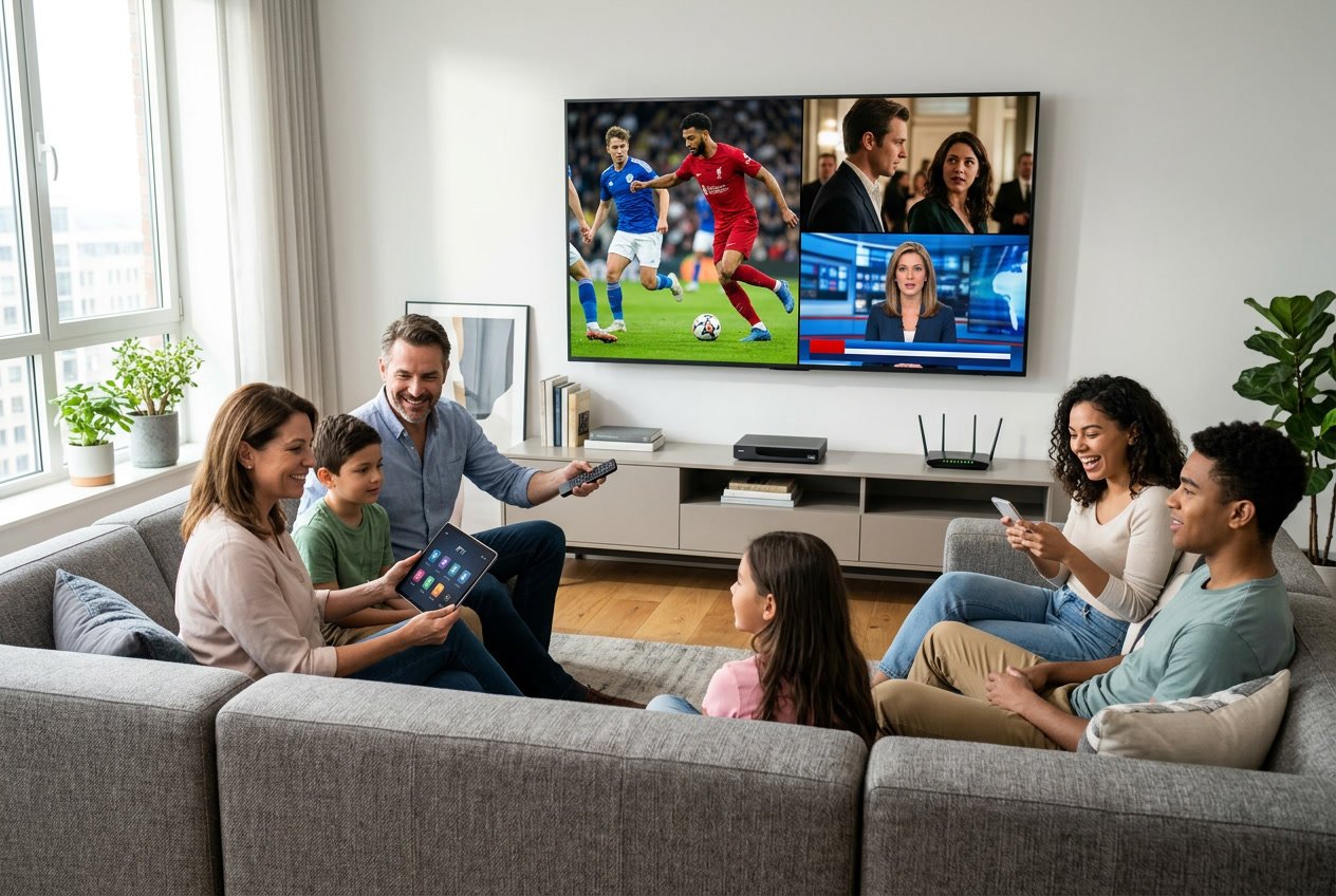 A family and young adults watching a large flat-screen TV showing clear media content in a modern living room.
