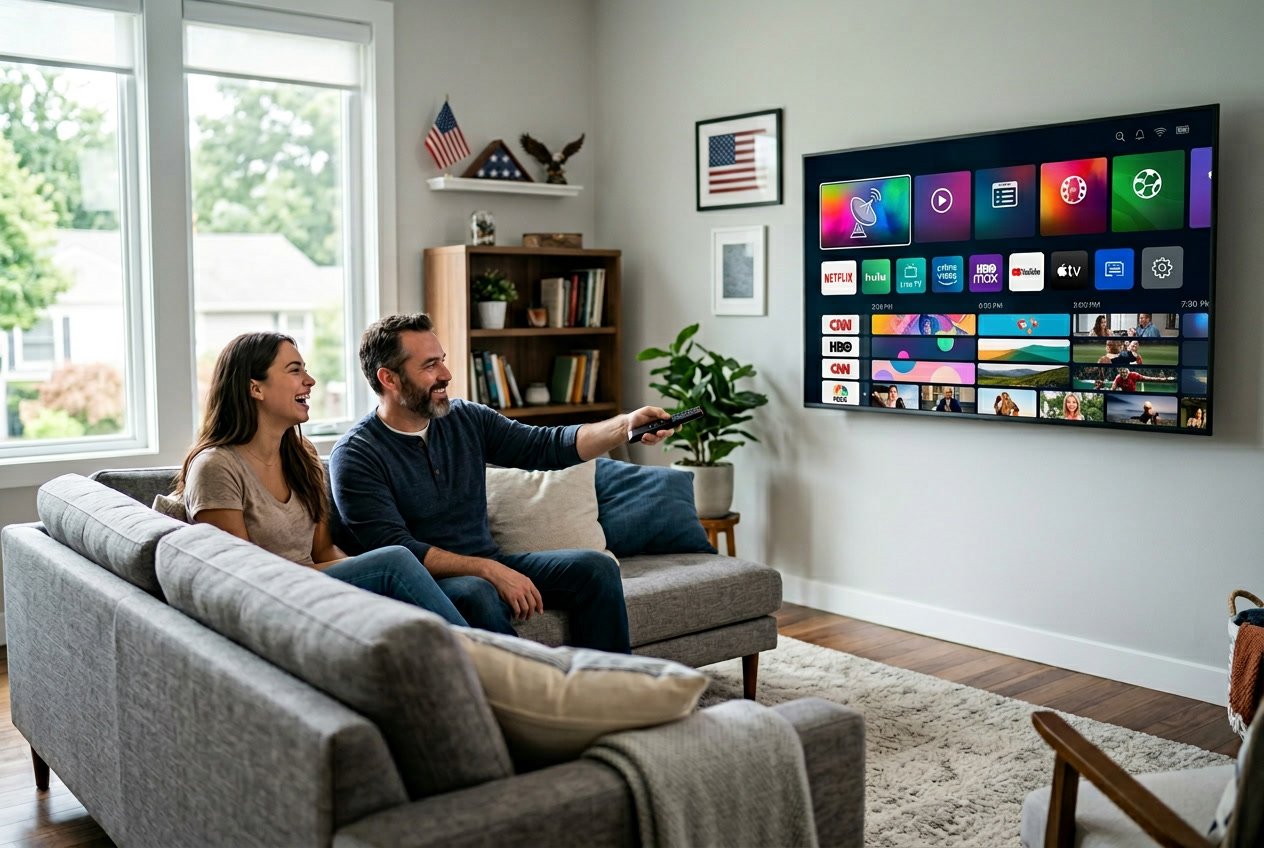 People watching a smart TV with streaming apps in a modern living room with American-themed decor.