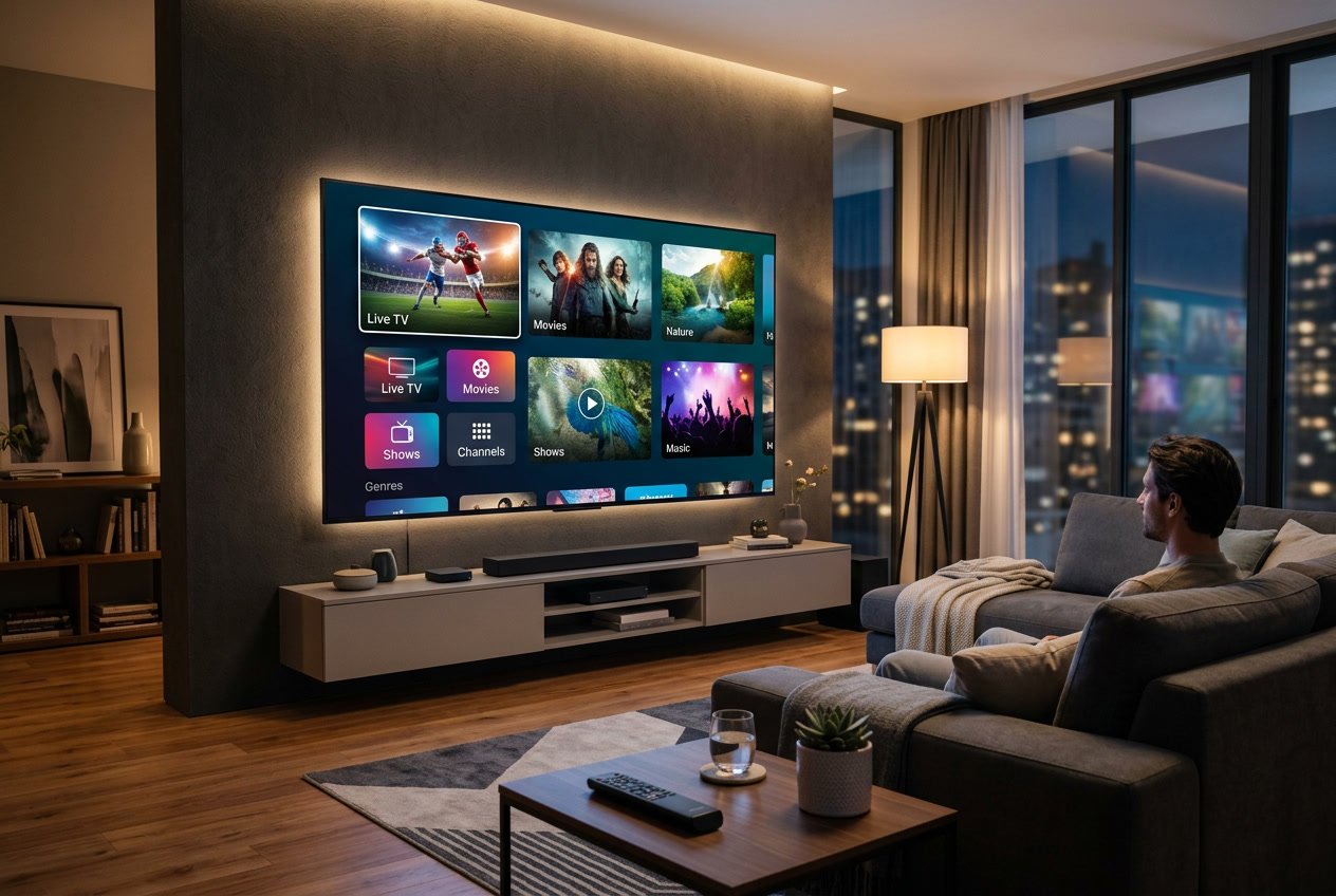 A living room with a large flat-screen TV showing colorful streaming content, a sofa, and a remote on a coffee table.
