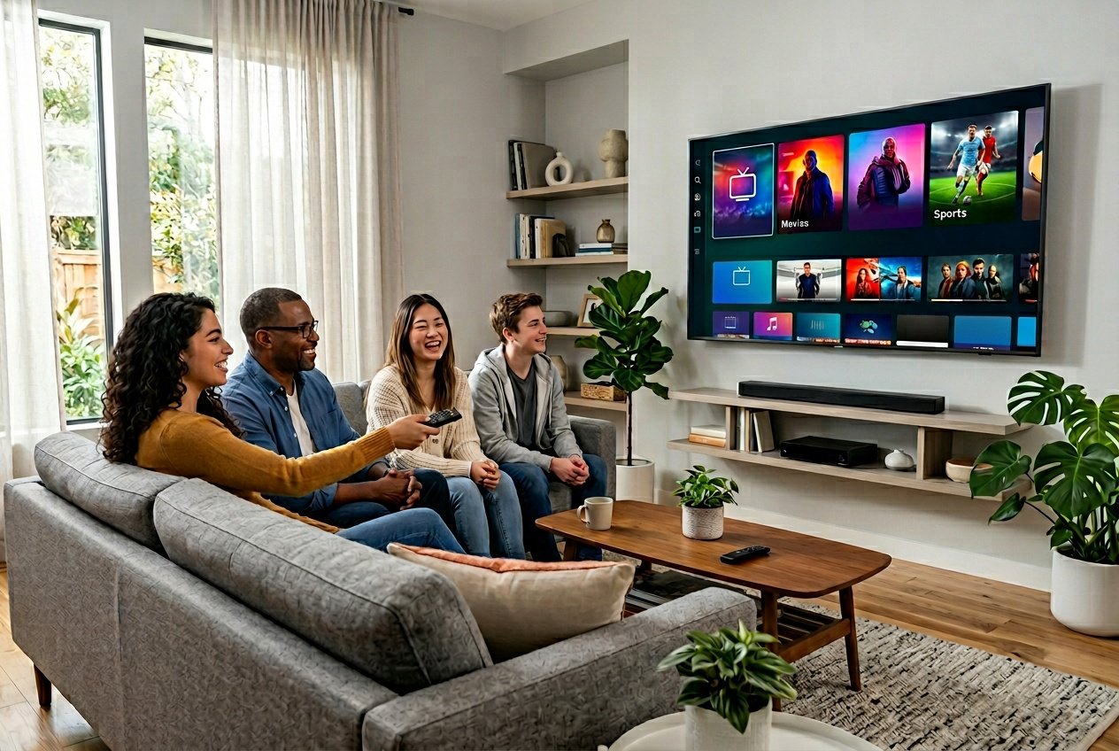 People sitting on a sofa watching a smart TV with a colorful streaming interface in a modern living room.