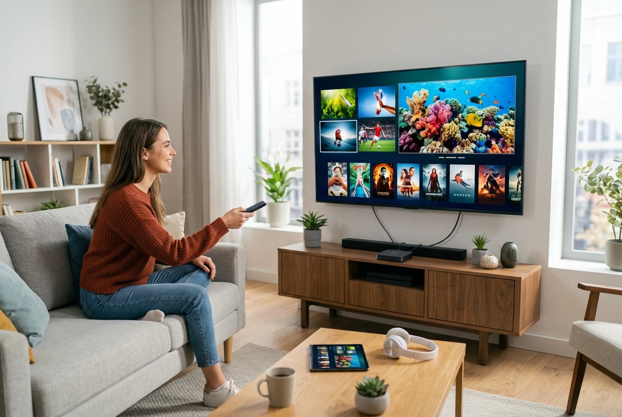 A living room with a large flat-screen TV showing streaming content, a media streaming device connected below, and a person holding a remote control.
