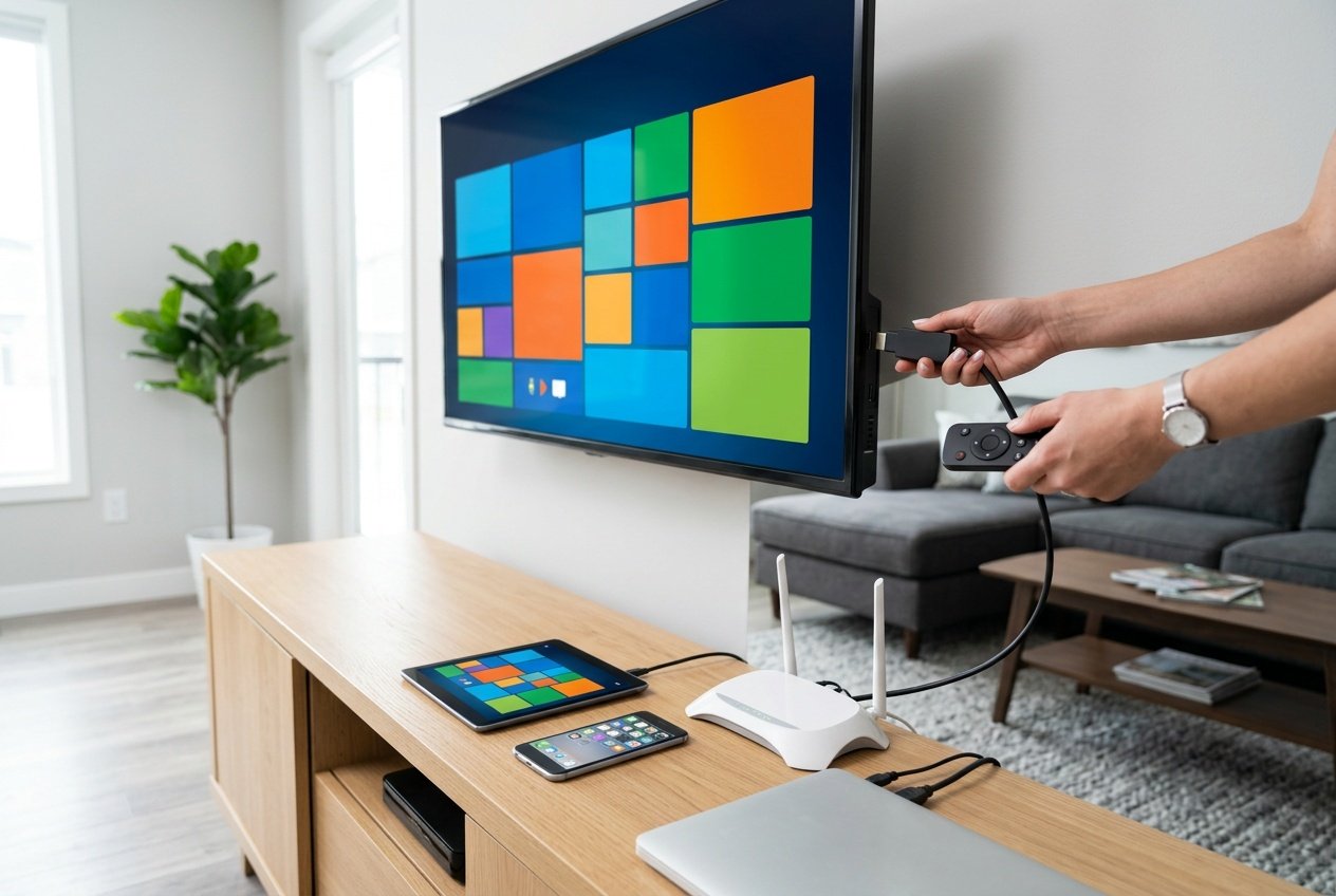 A person setting up a smart TV with a remote and streaming device in a modern living room, surrounded by a smartphone, tablet, laptop, and wireless router.