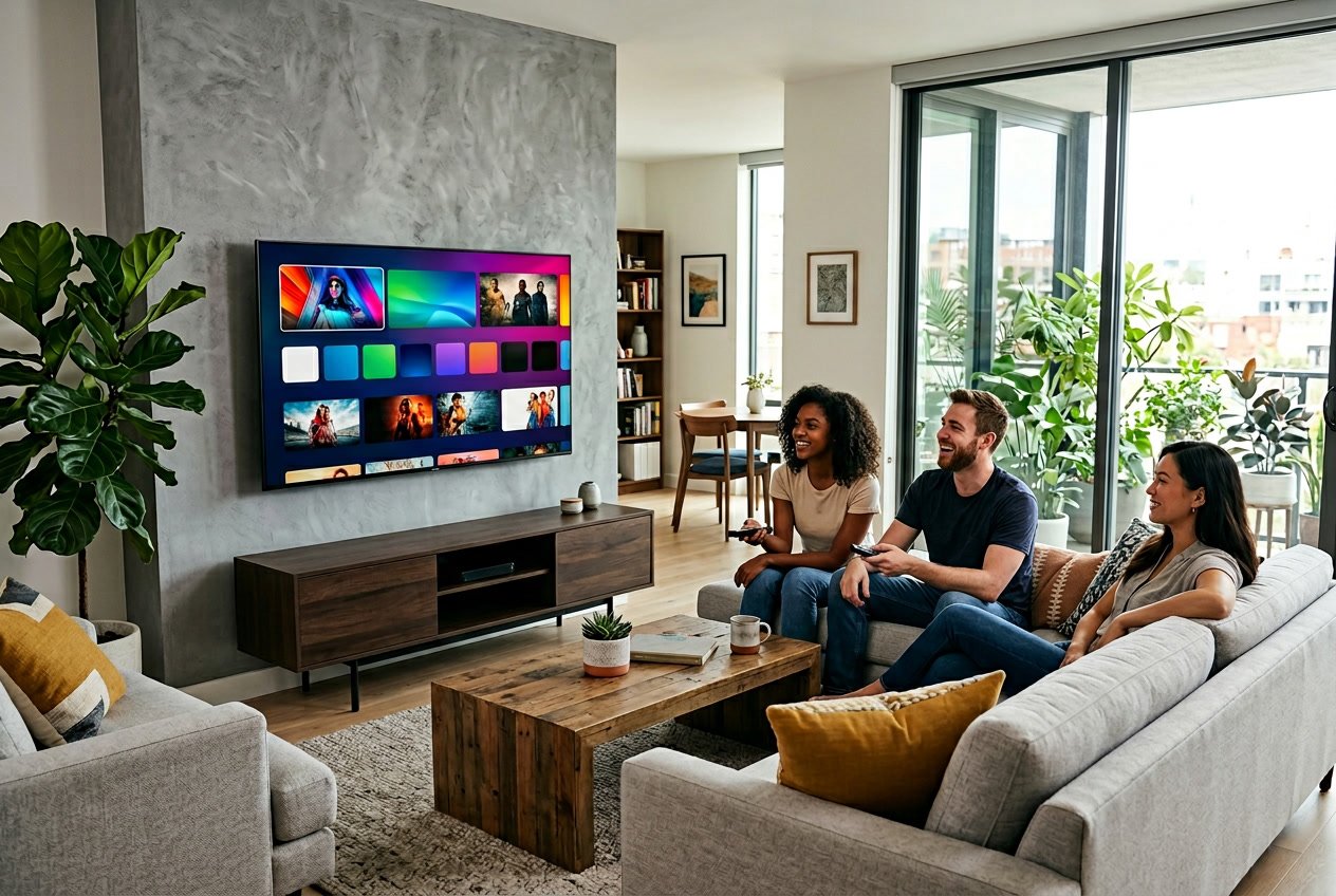 A living room with a smart TV showing streaming service icons, two people sitting on a sofa watching TV.