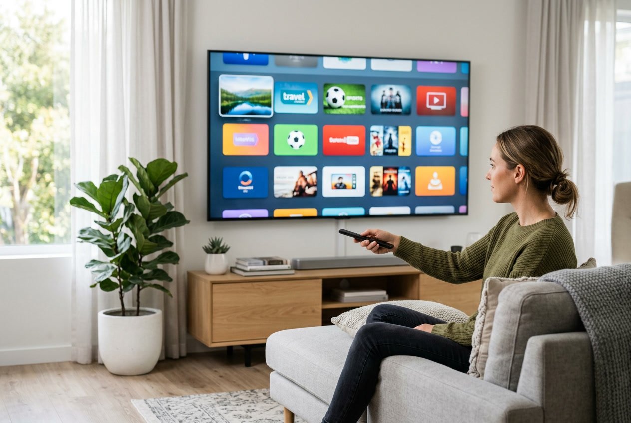 Person sitting on a sofa using a remote control to interact with a smart TV showing a streaming interface in a modern living room.