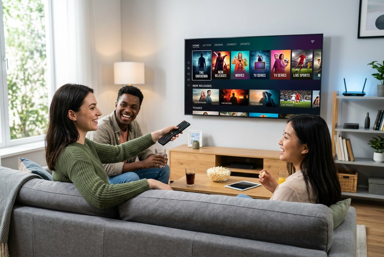 A living room with a large flat-screen TV showing a streaming interface and two people sitting on a sofa using a remote control.