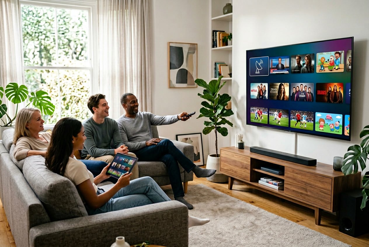 People sitting in a modern living room watching a smart TV displaying a streaming service interface.