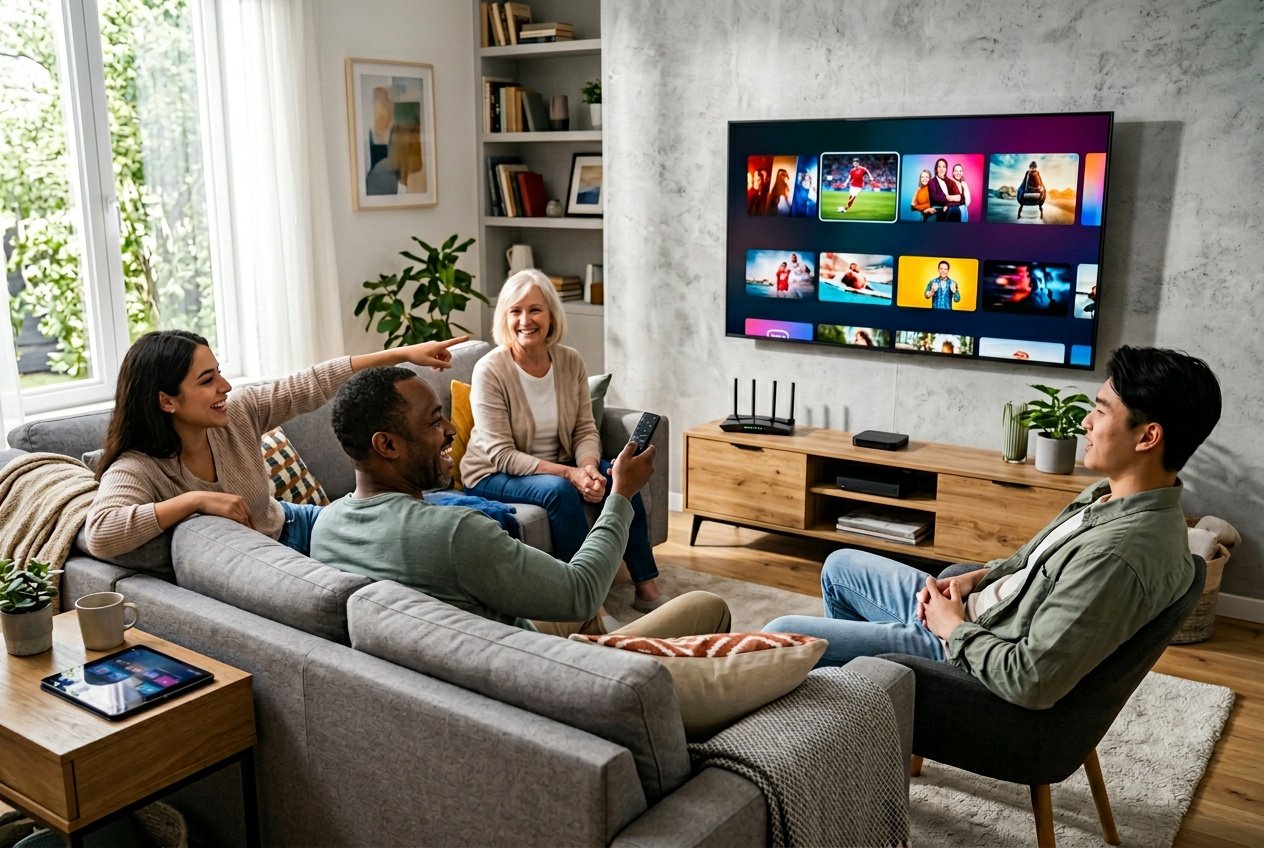 People sitting in a modern living room watching a smart TV displaying streaming content with a remote control and tech devices nearby.