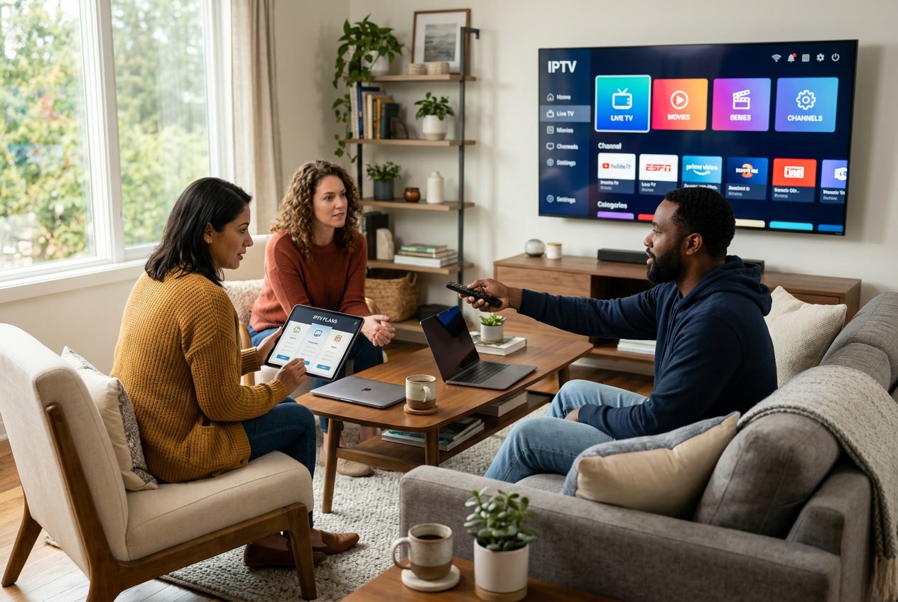 Three adults in a modern living room selecting an IPTV subscription using a remote control and tablet while watching a smart TV.