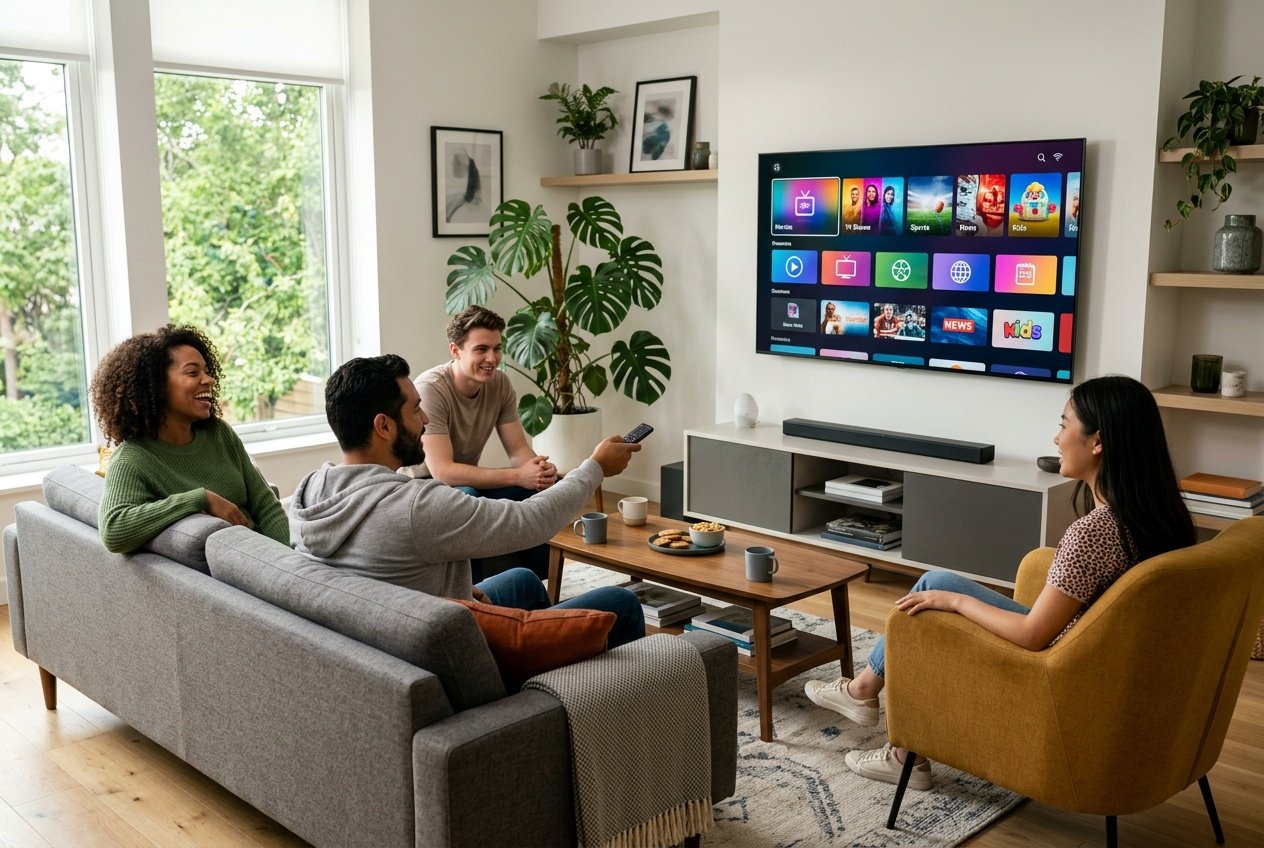 People sitting in a modern living room watching a smart TV displaying various channel and content options.