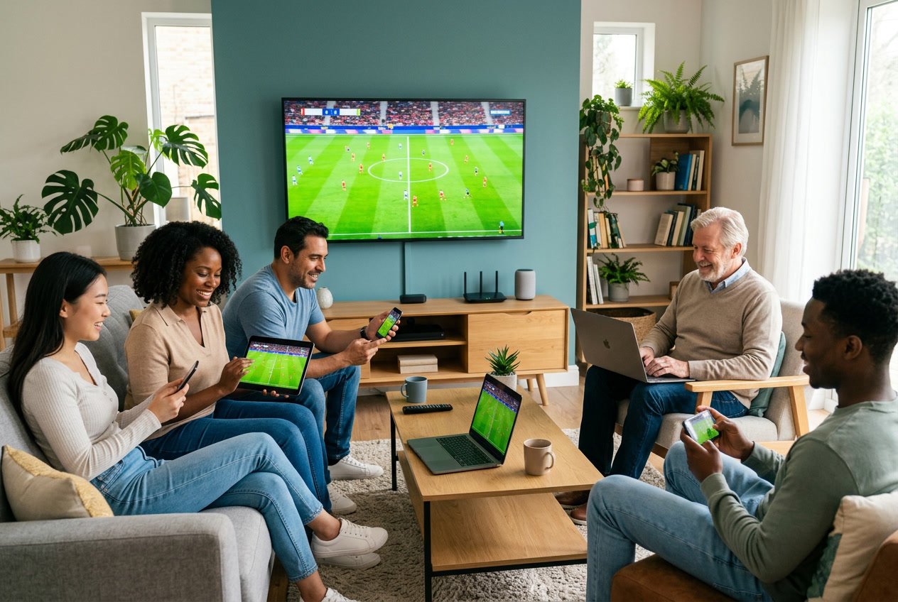 A group of people in a living room using a smart TV, laptop, tablet, and smartphones simultaneously.