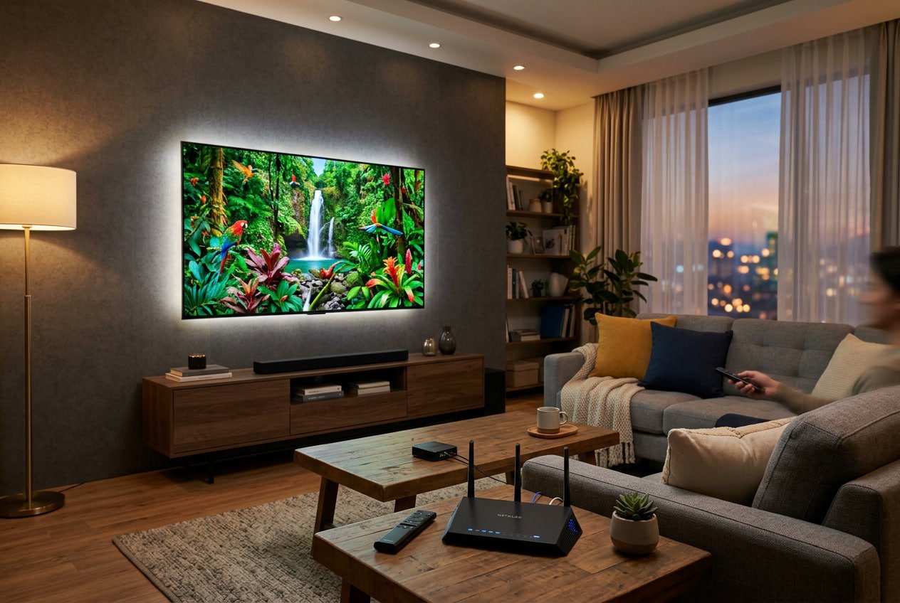 A modern living room with a large 4K television showing colorful streaming content and a remote control on a nearby table.