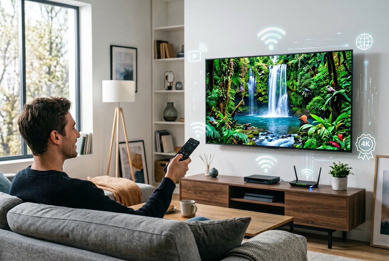 A modern living room with a large 4K television displaying colorful content and a person holding a remote control.