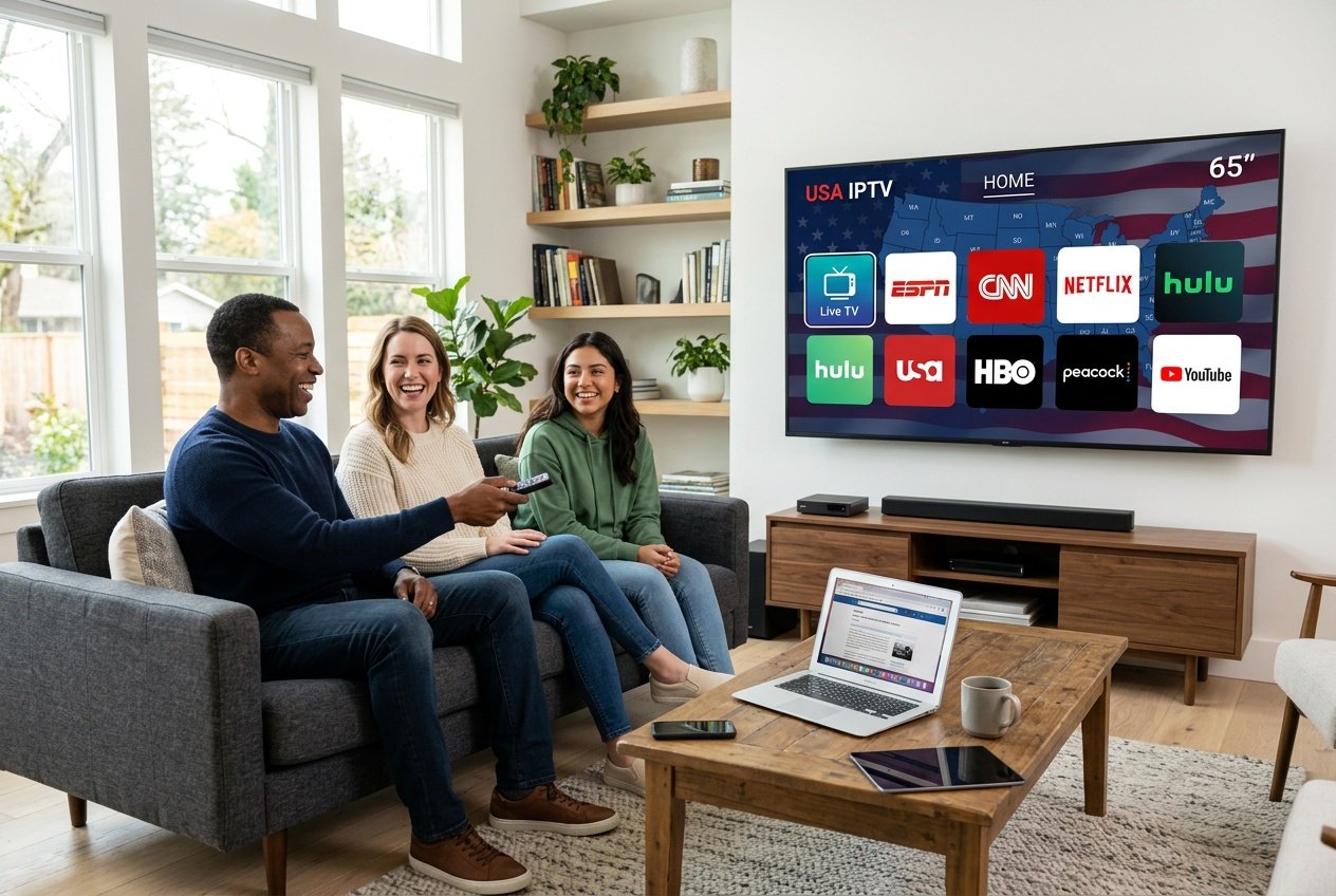 A diverse couple sitting on a sofa in a living room watching a large smart TV showing a streaming interface with a map of the United States in the background.