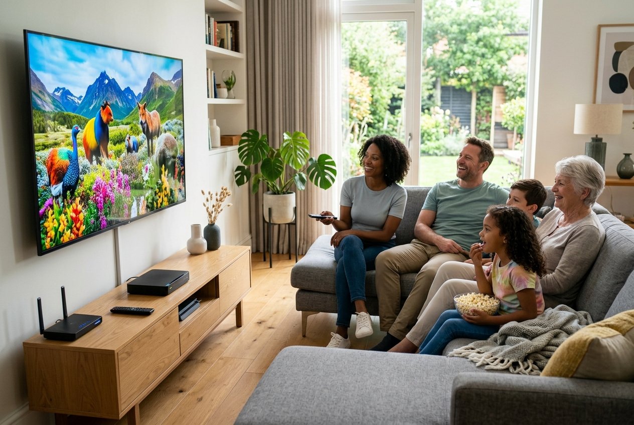 A family watching a large 4K television in a modern living room, enjoying vibrant and clear video content.