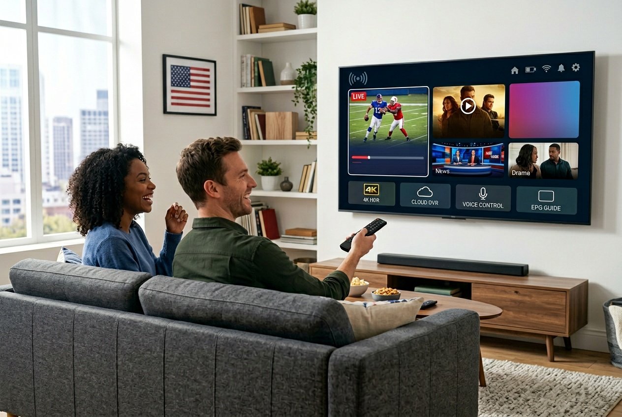 People watching a smart TV in a modern living room with a colorful streaming interface and American-themed decor.