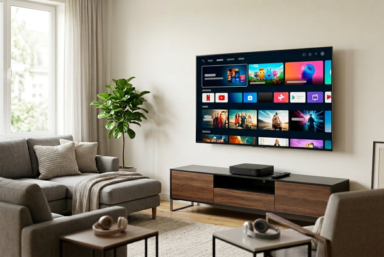 Living room with a large 4K television displaying a colorful streaming interface and a streaming device on a media console.