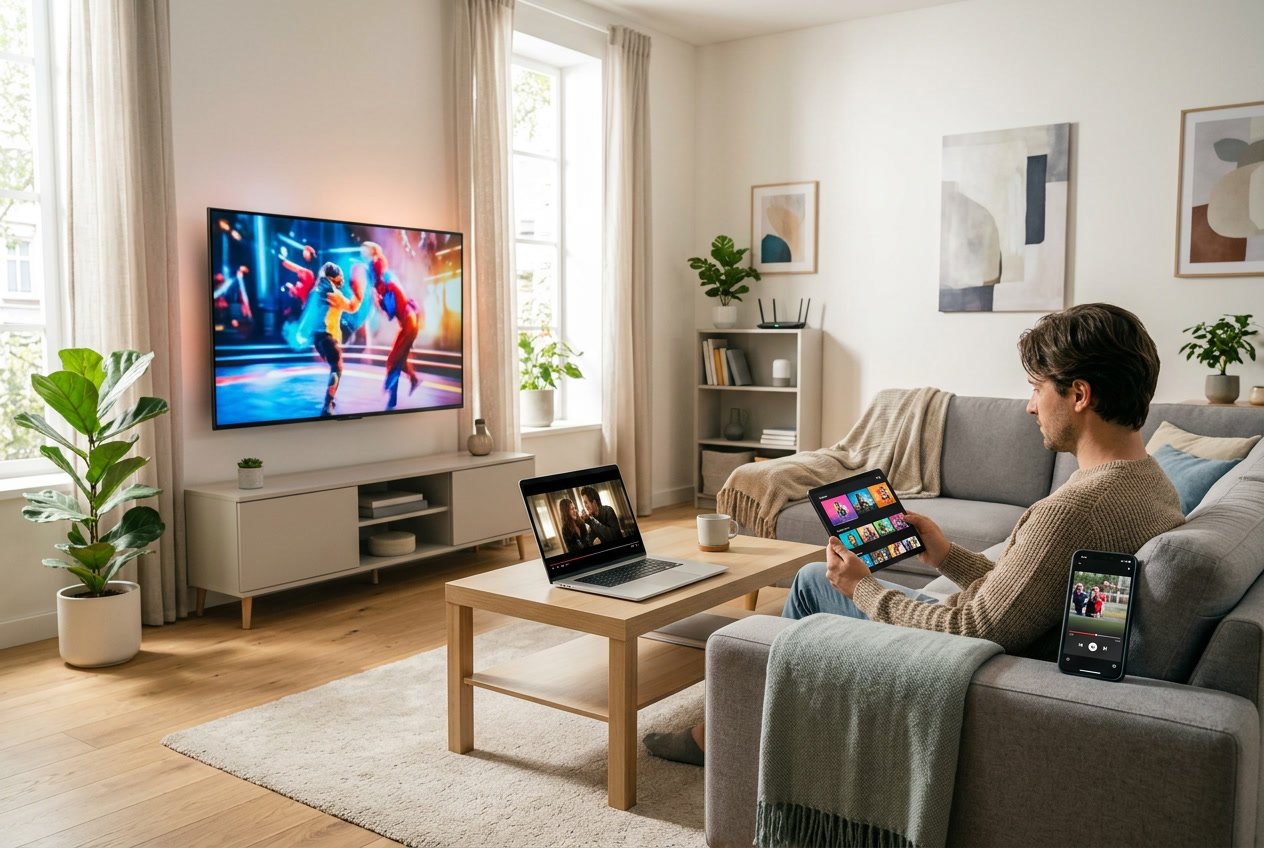 A living room with a smart TV, tablet, smartphone, and laptop all streaming video content simultaneously.