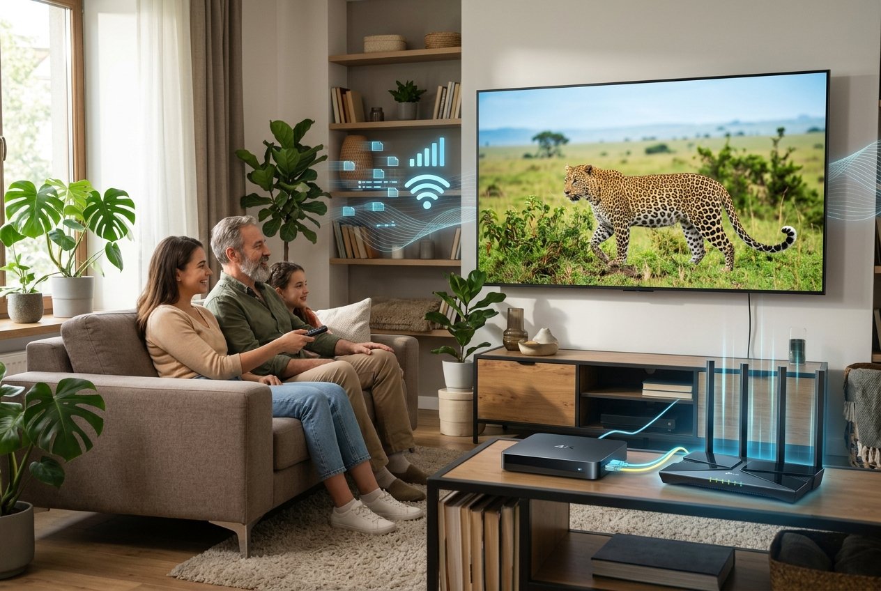 A living room with a large 4K television showing a nature scene, people watching comfortably, and a streaming device connected to a router nearby.
