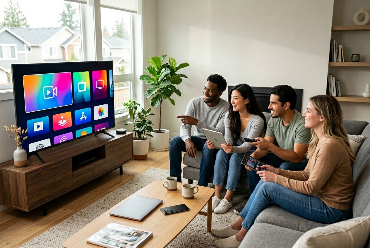 A group of people in a living room using a remote and tablet to select content on a large smart TV.