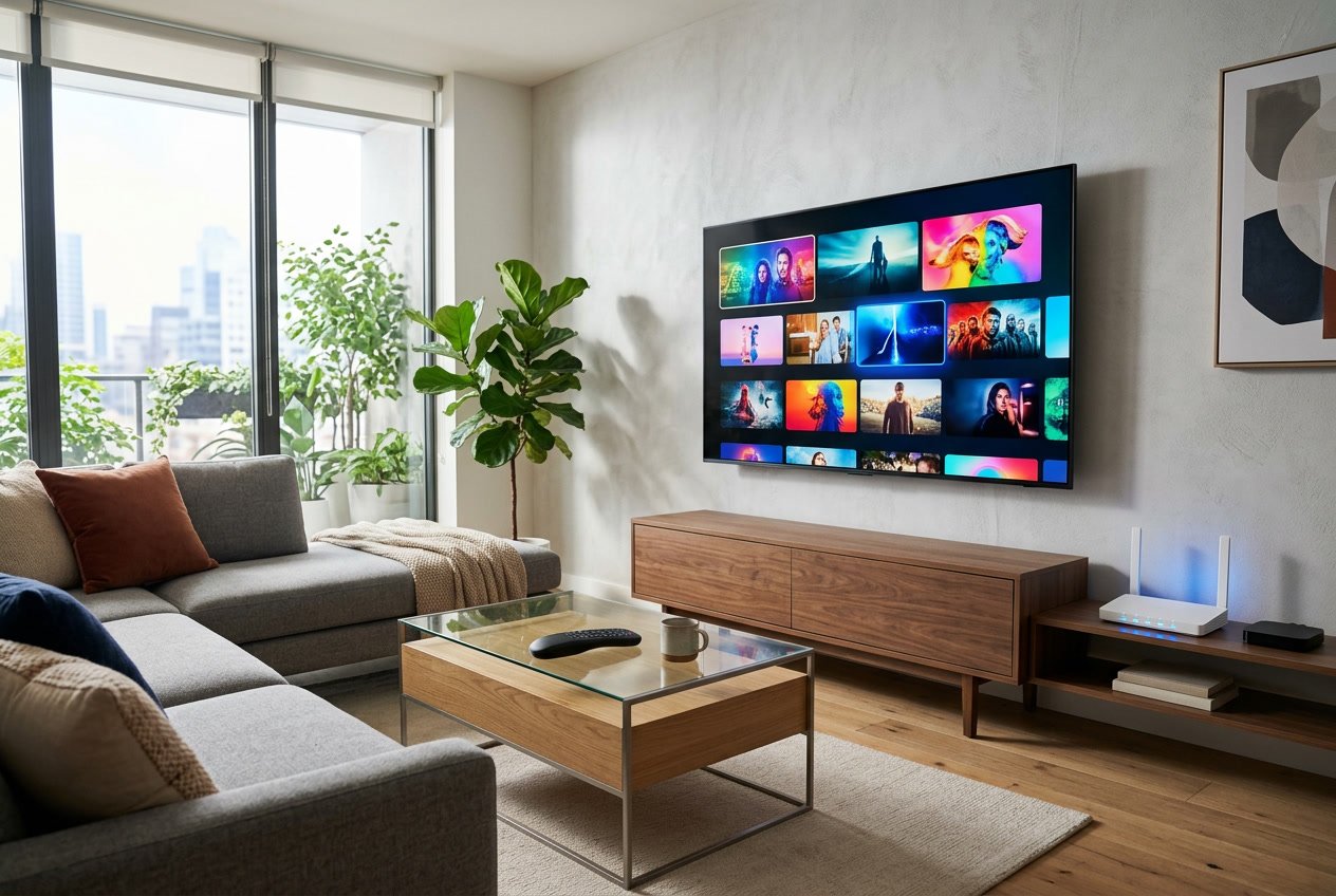 A modern living room with a smart TV showing streaming content, a remote control on a coffee table, and a Wi-Fi router nearby.