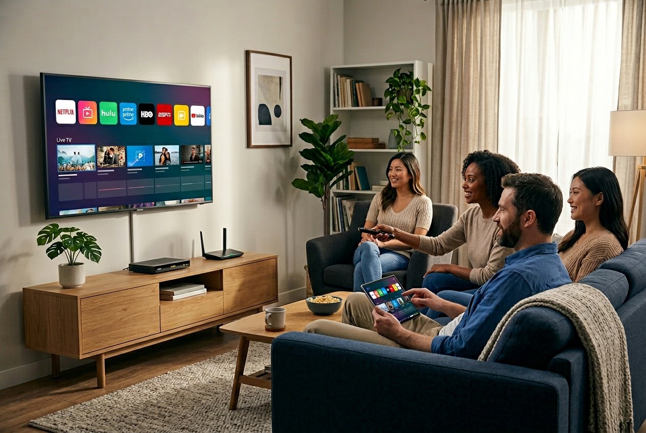 Three adults sitting in a modern living room watching a smart TV with streaming app icons and a TV guide on the screen.