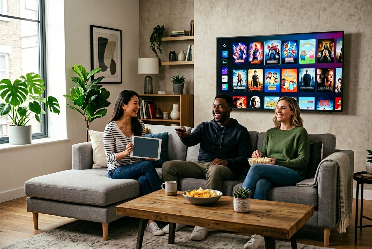 Three adults sitting on a sofa in a living room watching a large smart TV displaying a streaming interface with colorful thumbnails.