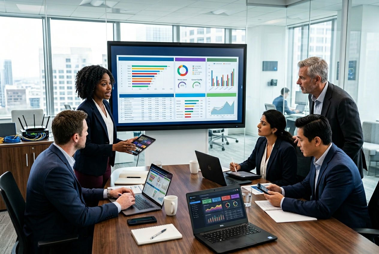 A group of business professionals discussing data and charts around a conference table in a modern office.