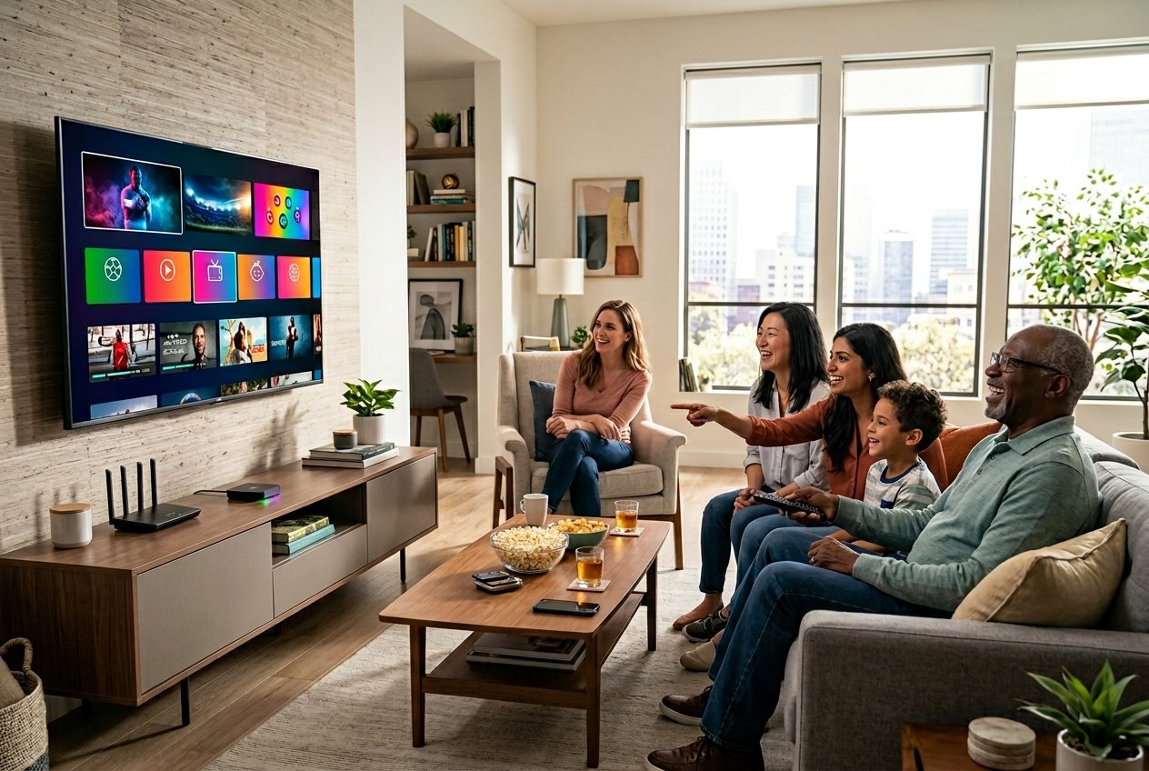 A group of people watching a smart TV with streaming content in a modern living room.