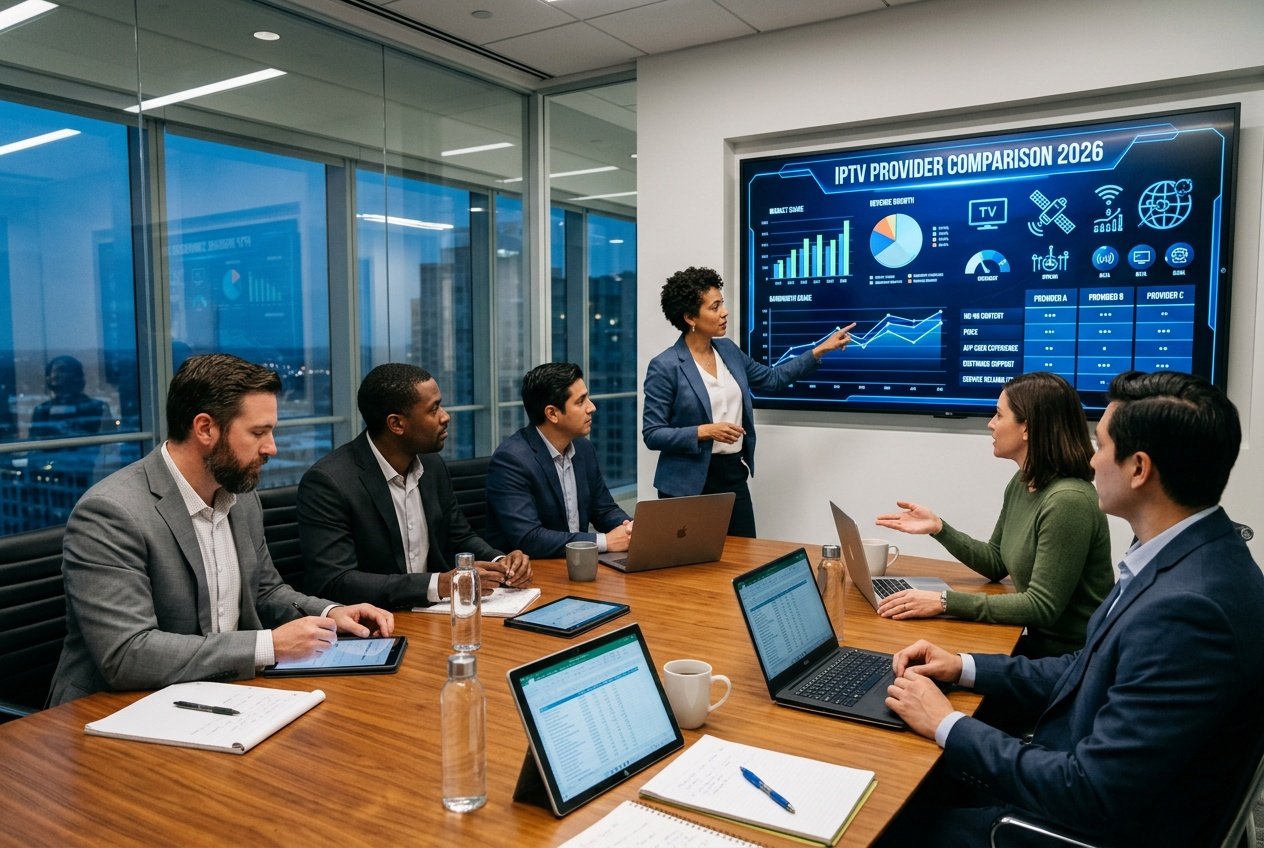 A group of professionals in a modern office analyzing data on a large screen about IPTV services.