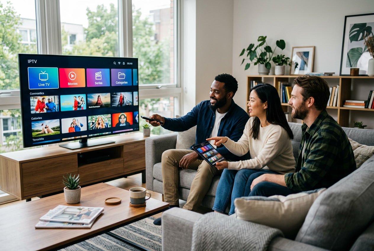 Three adults sitting in a living room watching a large TV displaying streaming service options, interacting with a remote and tablet.