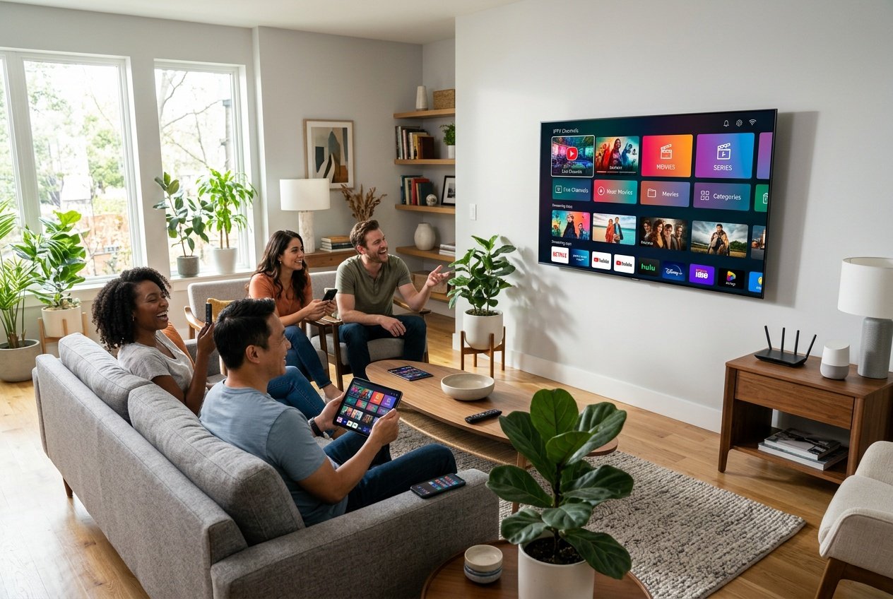 A group of adults watching a large TV in a modern living room, using remote controls and smart devices to access IPTV content.