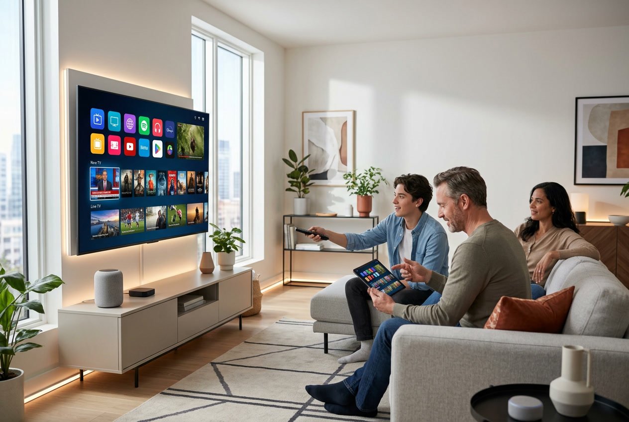 A modern living room with a large flat-screen TV showing a colorful streaming interface, two people sitting on a sofa using a remote and tablet to select shows.